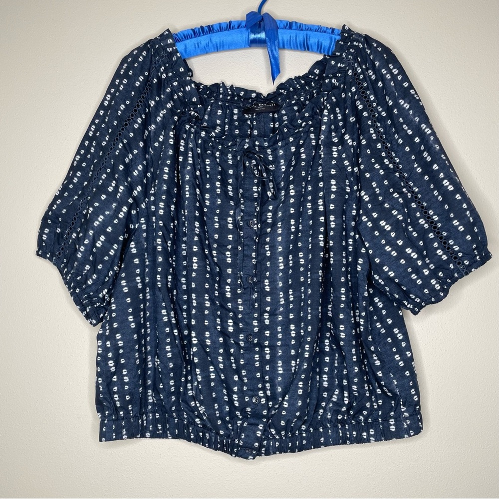 Lane Bryant Navy Blue and White Cotton Puff Sleeve Peasant Blouse - Picture 4 of 11